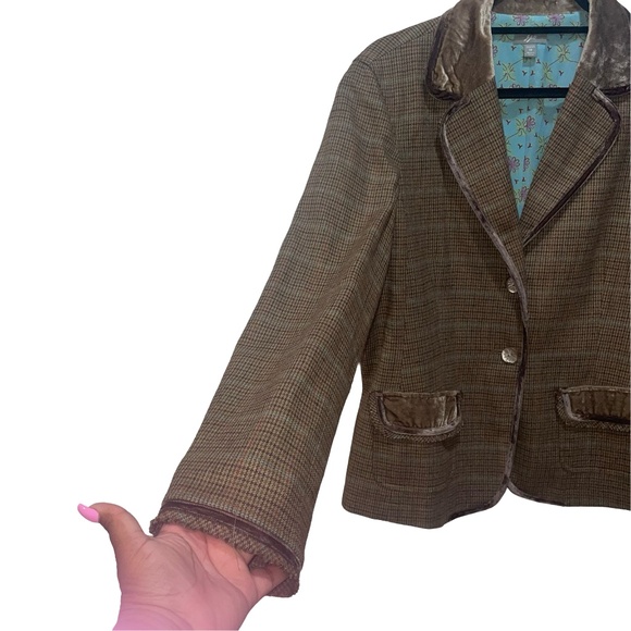 J. Jill Brown/Tweed Wool Plaid Velvet Trim Blazer Jacket Pearl buttons Sz 12 - Picture 2 of 13